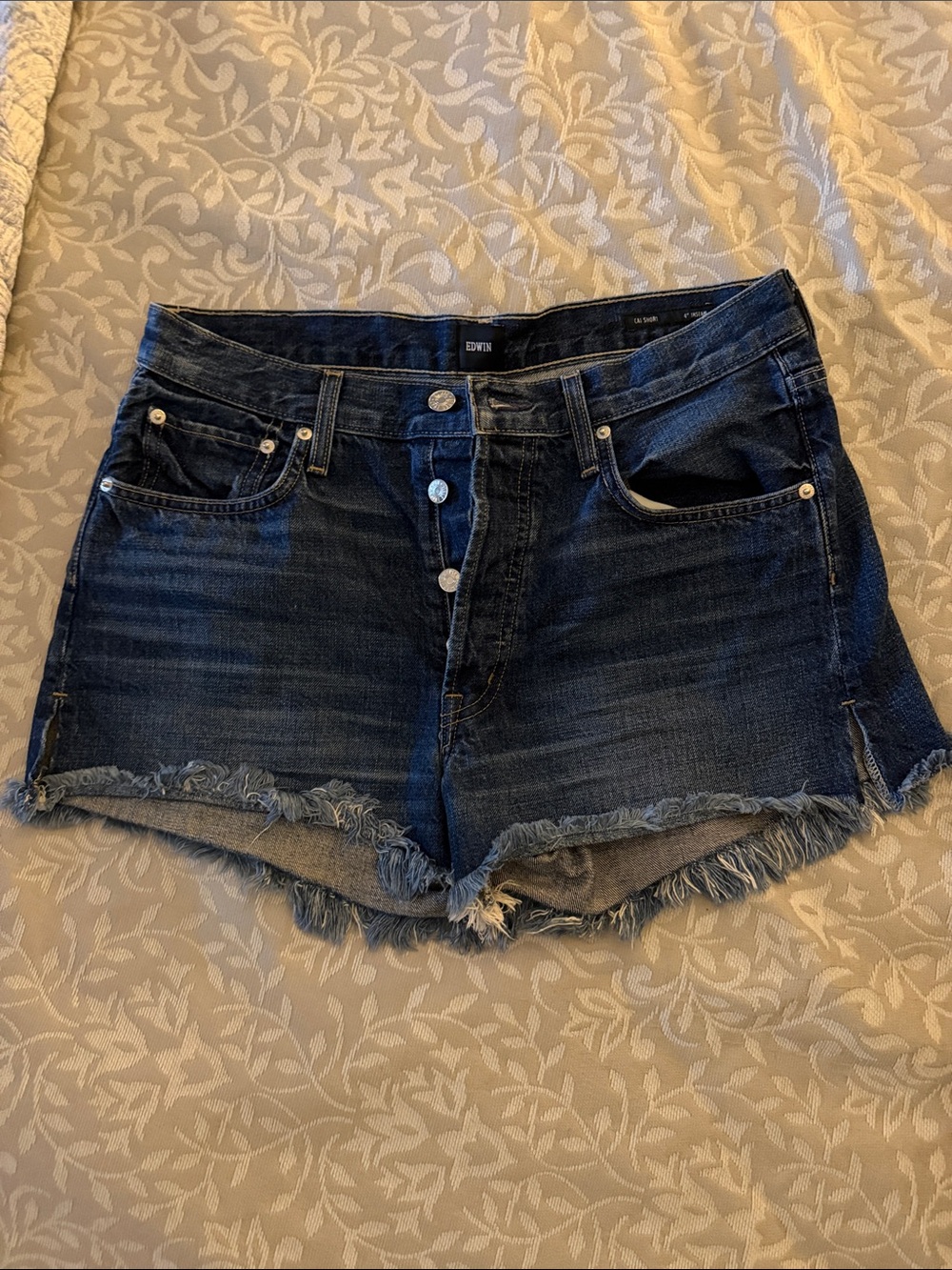 Edwin Dark Blue Distressed Denim Cutoff Shorts